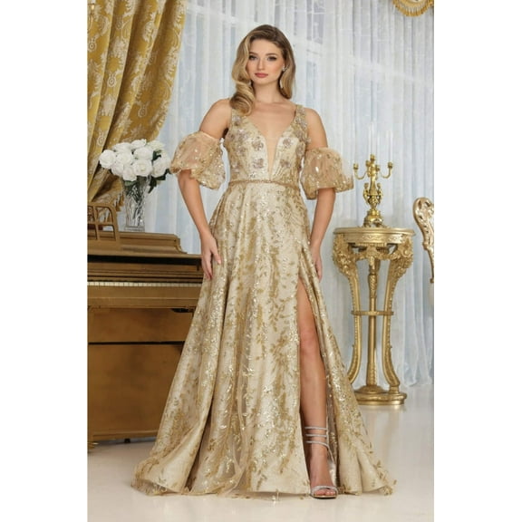 May Queen MQ2038 Juniors Womens High Slit Evening Floral A-Line Gown