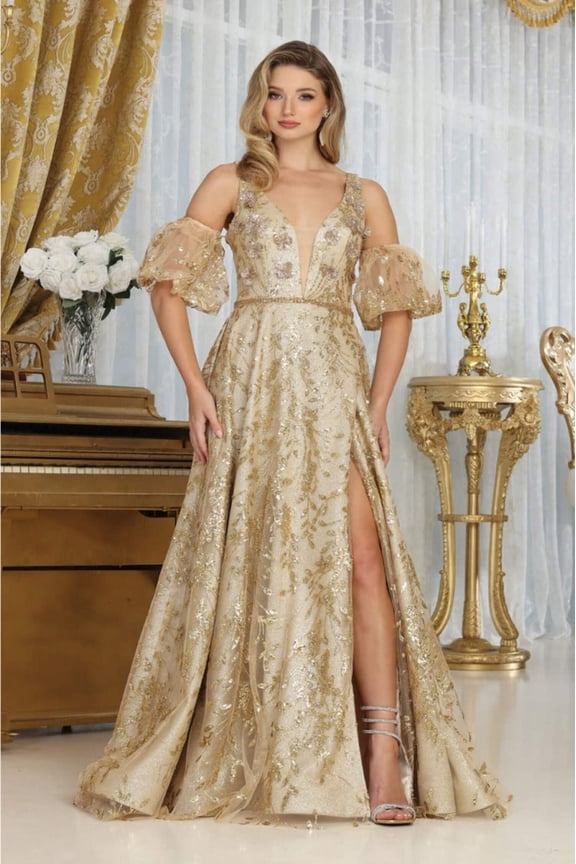 May Queen MQ2038 Juniors Womens High Slit Evening Floral A-Line Gown