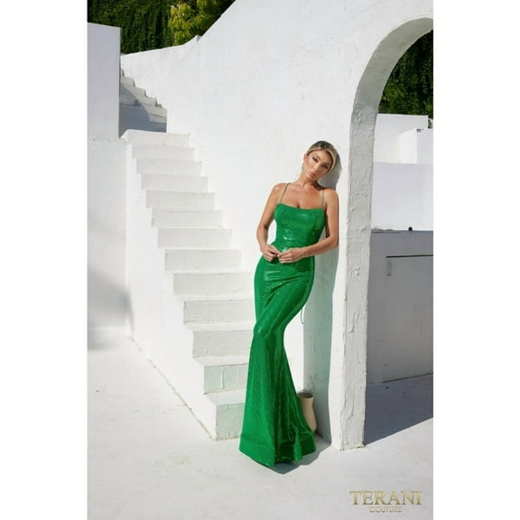 Women's Terani Couture 241p2135 Spaghetti Bodycon Sleeveless Sequins Long Prom 2026 Dress Emerald Green 16