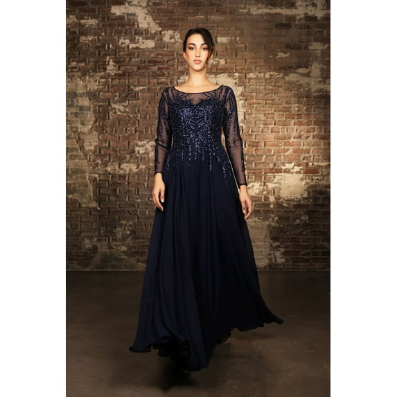 Women's May Queen Mother Of The Bride Dress Long Sleeve A-Line Gown MQ2161 Navy Blue 2XL