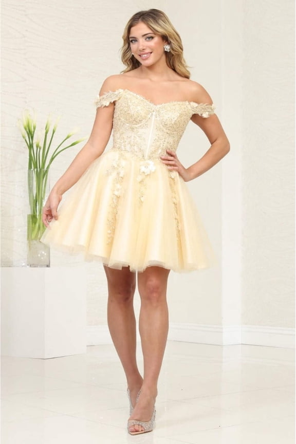 May Queen MQ2081 Juniors Womens Floral Embellished A-Line Hoco Dress