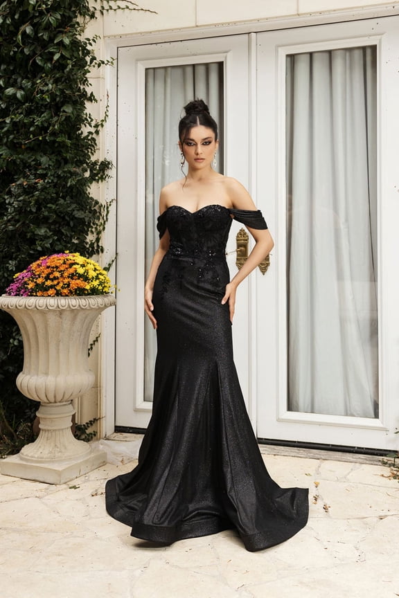 Women's May Queen MQ2104 Draped Sleeves Corset Glitter Red Carpet Gown Black 20