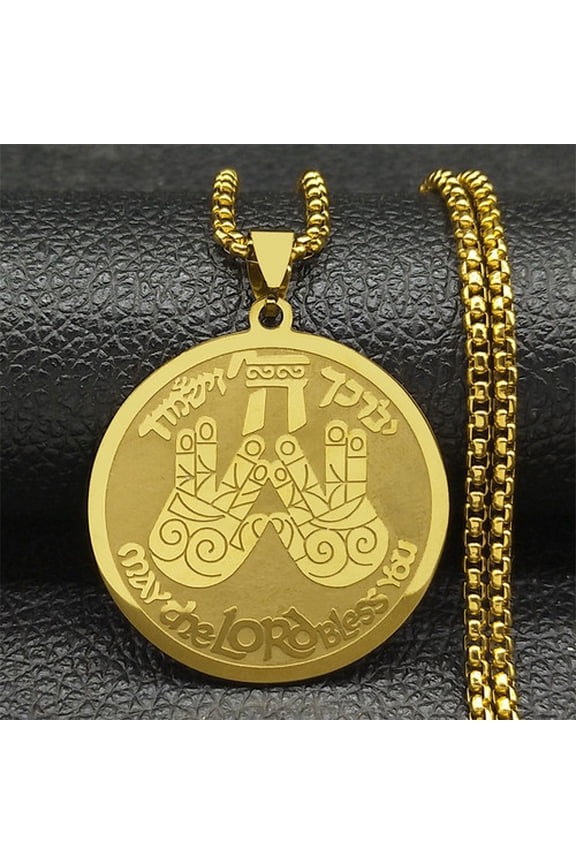 May The Lord Bless You Praying Hand Pendant Necklace For Women Men14K Yellow Gold Round Medal Hebrew Hip Hop Jewelry