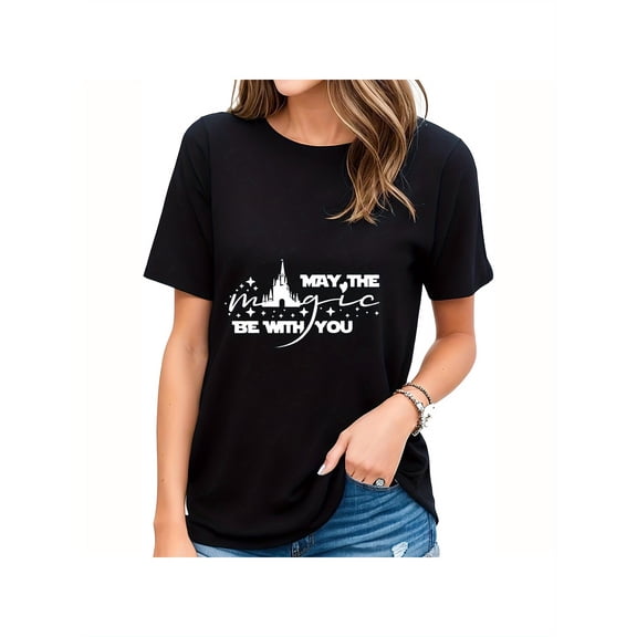 May The Magic Be with You" Women's Black Graphic T-Shirt - Short Sleeve, 100% Cotton, Crew Neck, Casual Summer Top with Castle Print, Ladies T Shirts