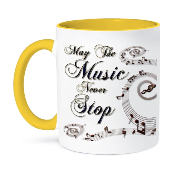 3dRose, May The Music Never Stop With Musical Notes, 15oz Two-Tone Yellow Mug