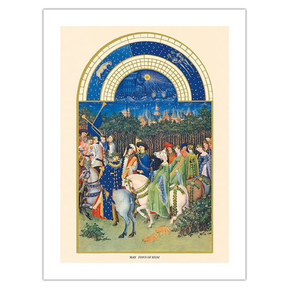 May: Town of Riom - Book of Hours (Très Riches Heures) - Vintage Illuminated Manuscript by Limbourg Brothers c.1400s - Fine Art Matte Paper Print (Unframed) 24x32in