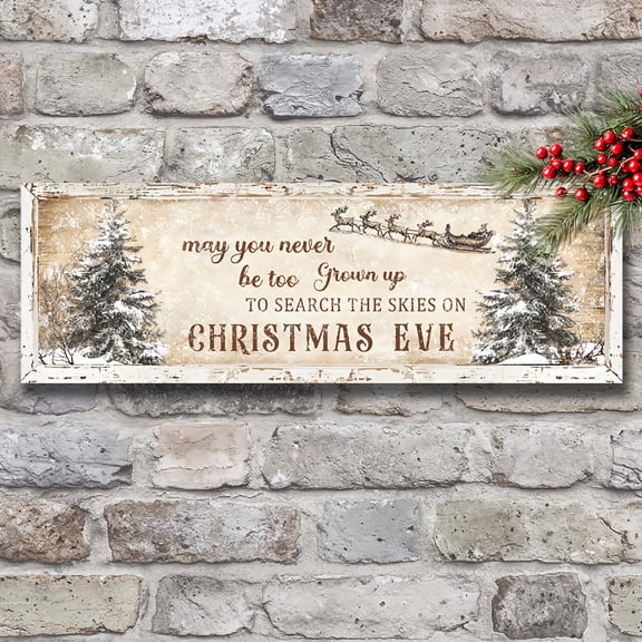 Vintage Wooden Wall Sign May You Never Grow Up to Search the Skies on Christmas Eve with Santa Sleigh & Pine Tree Patterns, Rustic Country Porch Plaque as Premium Christmas Gift