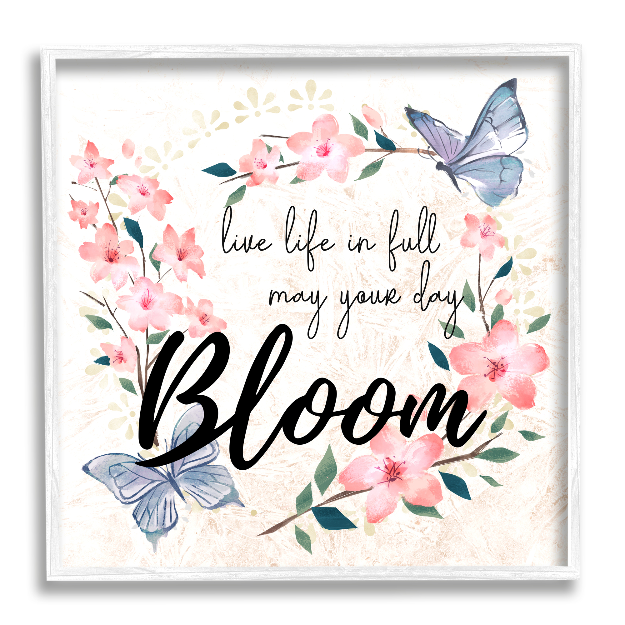 May Your Day Bloom Quote Blue Butterflies Pink Blossoms Inspirational Framed Art Print Wall Art, 17x17
