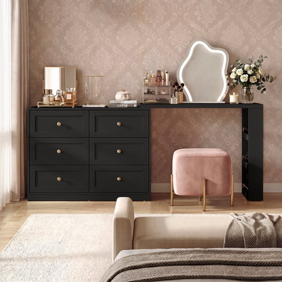 May in color L‑Shaped Vanity Set with Rotatable Tabletop, Modern Makeup Vanity Dresser with 6 Drawers & Open Storage Shelves, Multi‑Functional Vanity Desk for Bedroom, Nail Table, Sewing Table, Black