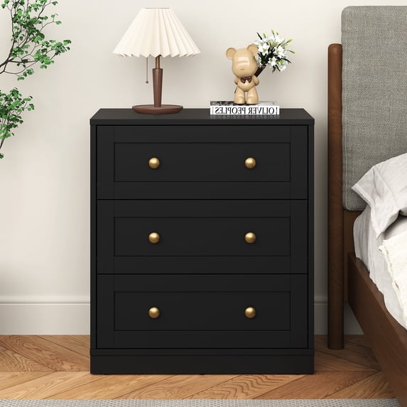 May in Color 3-Drawer Nightstand, Modern Bedside Table with Gold Knobs, Wooden End Table for Bedroom, Living Room, Hallway, or Closet, Black