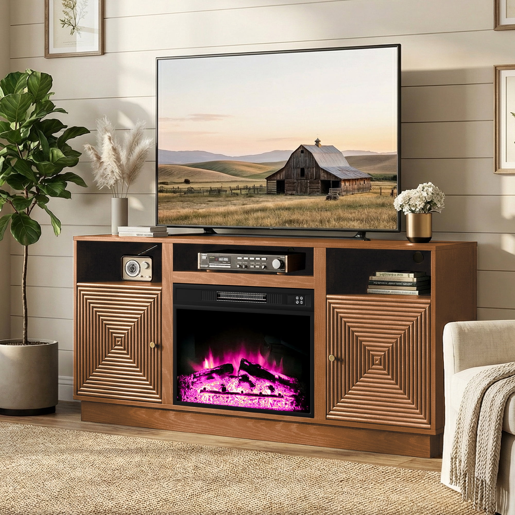 May in Color 59'' Fireplace TV Stand for TVs Up to 65'' with Storage and Adjustable Shelves, Brown