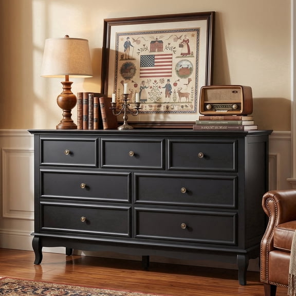 May in Color 7 Drawer Dresser with Solid Wood Legs for Bedroom, Living Room, Hallway, Black