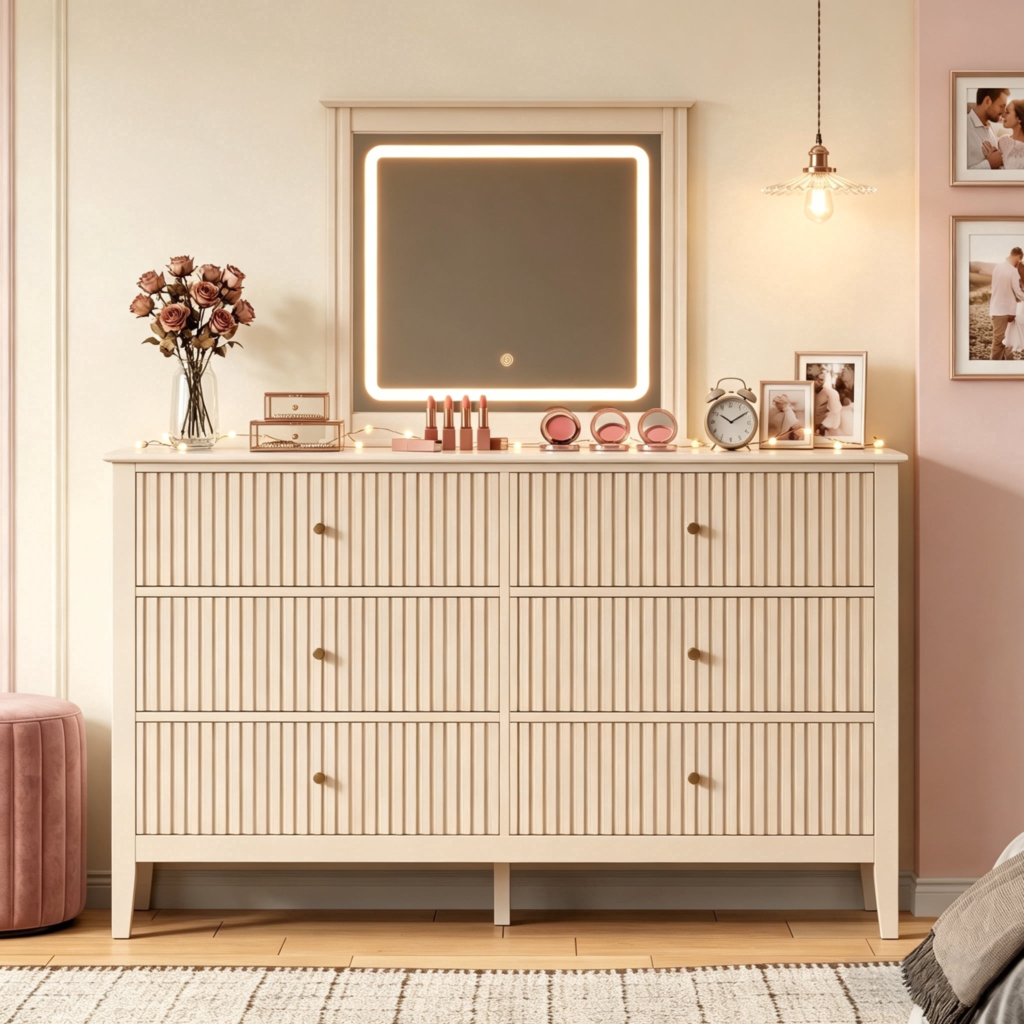 May in Color Beige Fluted 6 Drawer Dresser with Lighted Mirror, Large Modern Wood Storage Cabinet Organizer for Bedroom, Living Room, Hallway