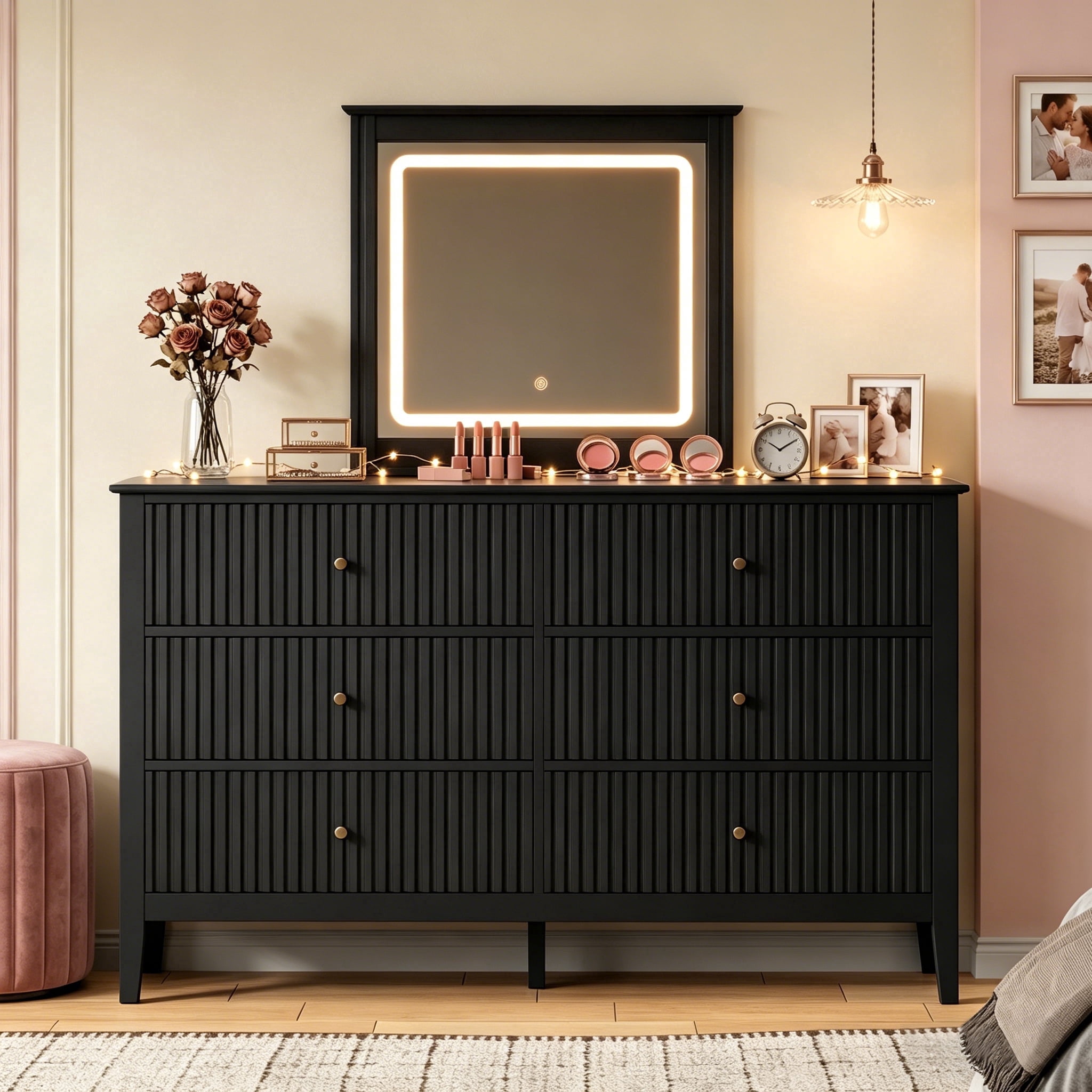 May in Color Black Fluted 6 Drawer Dresser with Lighted Mirror, Large Modern Wood Storage Cabinet Organizer for Bedroom, Living Room, Hallway