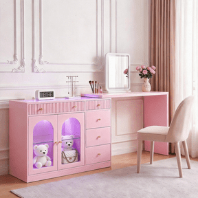 May in Color Corner Vanity Desk with Rotatable Tabletop, L Shaped Makeup Vanity Table with Storage for Bedroom, Pink