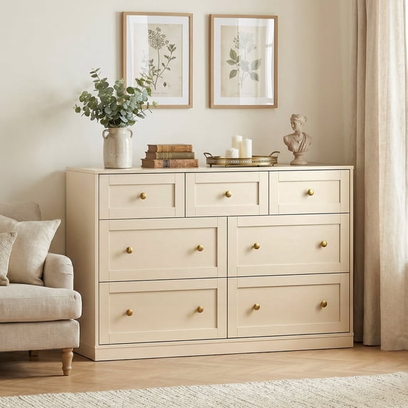May in Color Dresser for Bedroom with 7 Drawers, Wood Drawer Organizer for Bedroom, Living Room, Hallway, Beige