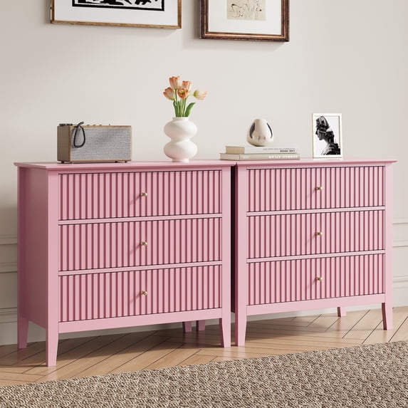 May in Color Fluted Wide Nightstand for Bedroom, Large Pink End Table with 3 Drawer, for Home and Office