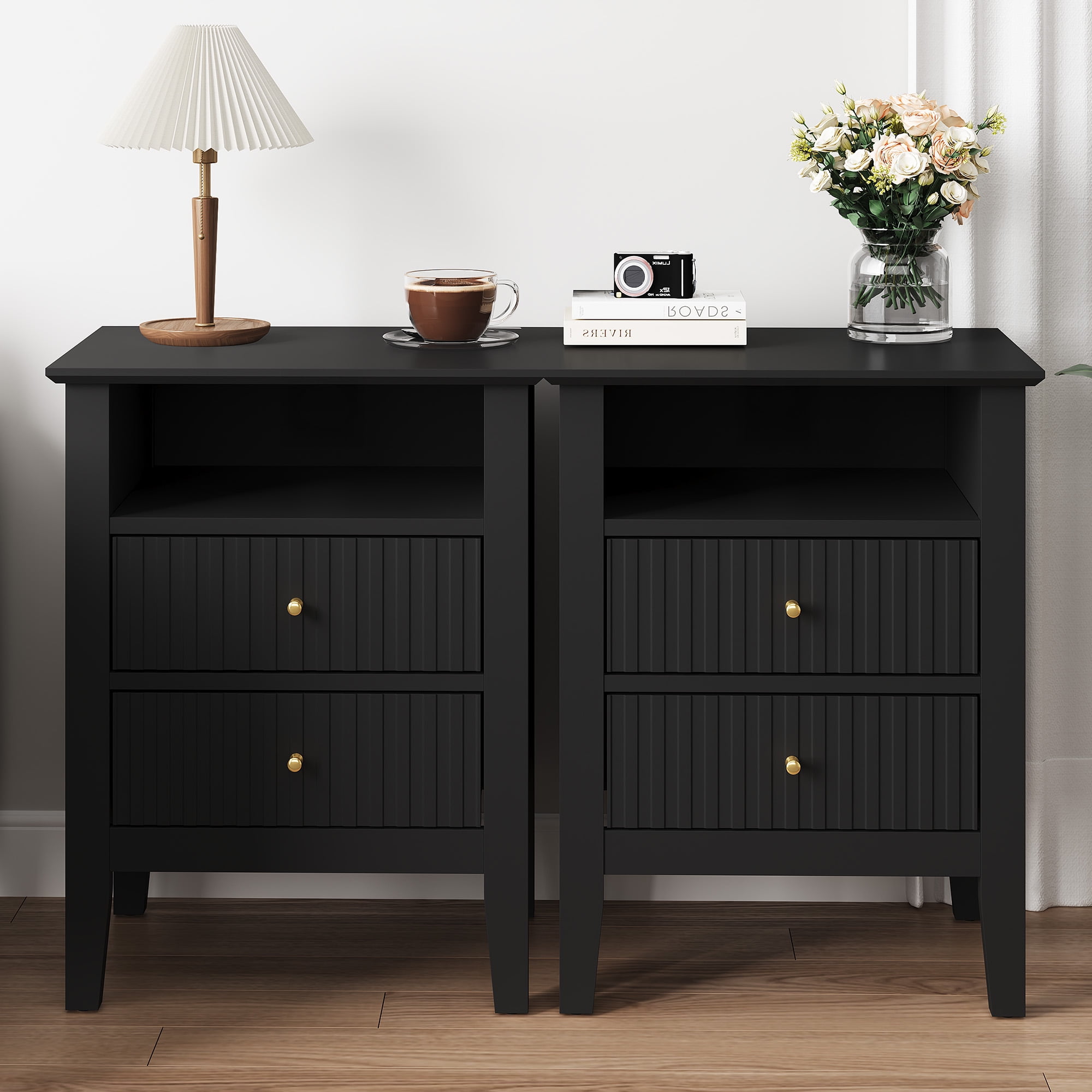May in Color Fluted Nightstand with 2 Drawers and Storage Shelf, Set of 2, Ideal for Bedroom, Living Room, Black