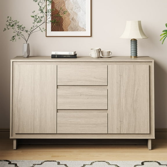 May in Color Modern 2-Door 3-Drawer Storage Cabinet, Freestanding Sideboard Credenza Organizer for Living Room, Kitchen, Entryway, Beige