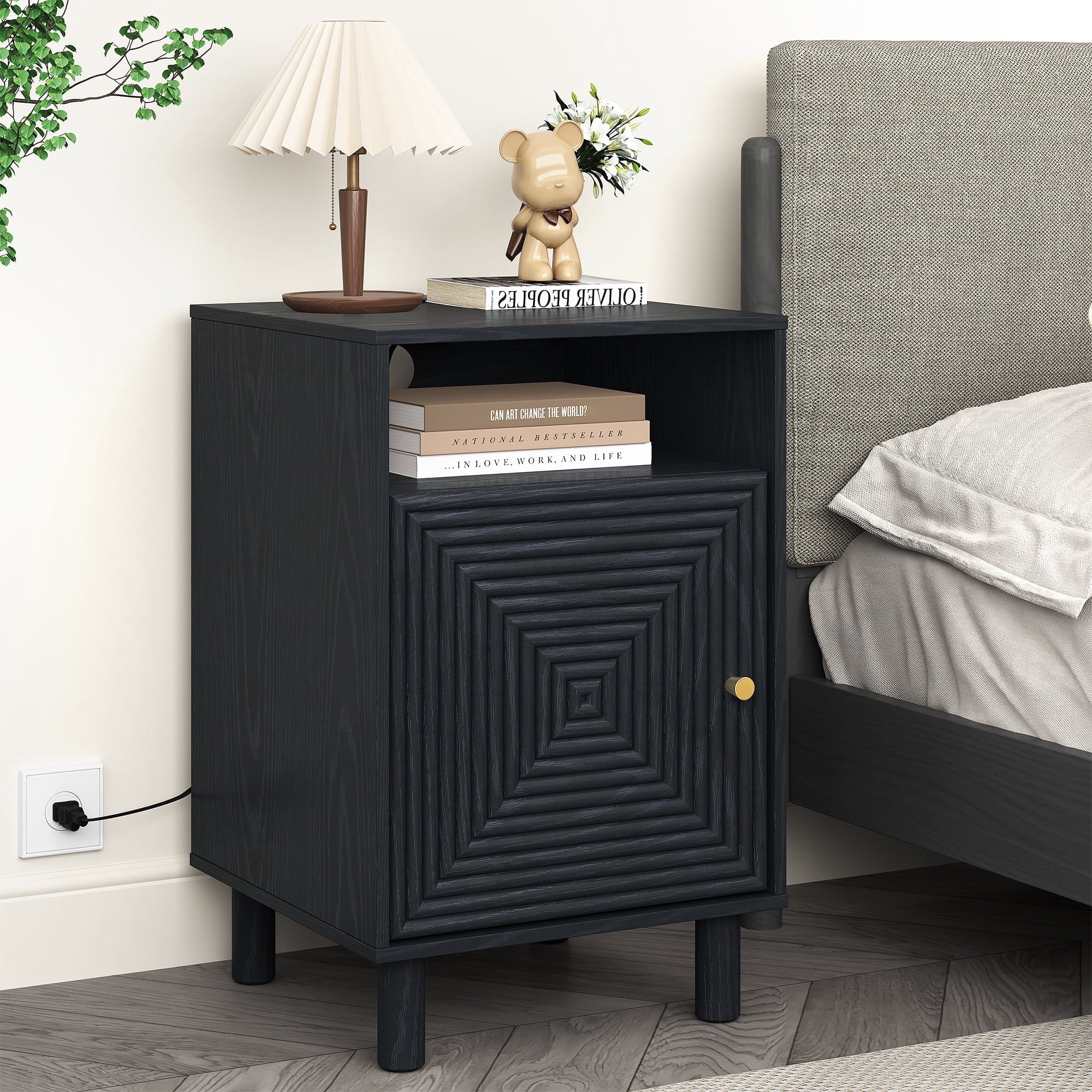 May in Color Nightstand for Bedroom, Black Side Table with Charging Station, Accent Bedside Table with Solid Wood Legs for Living Room