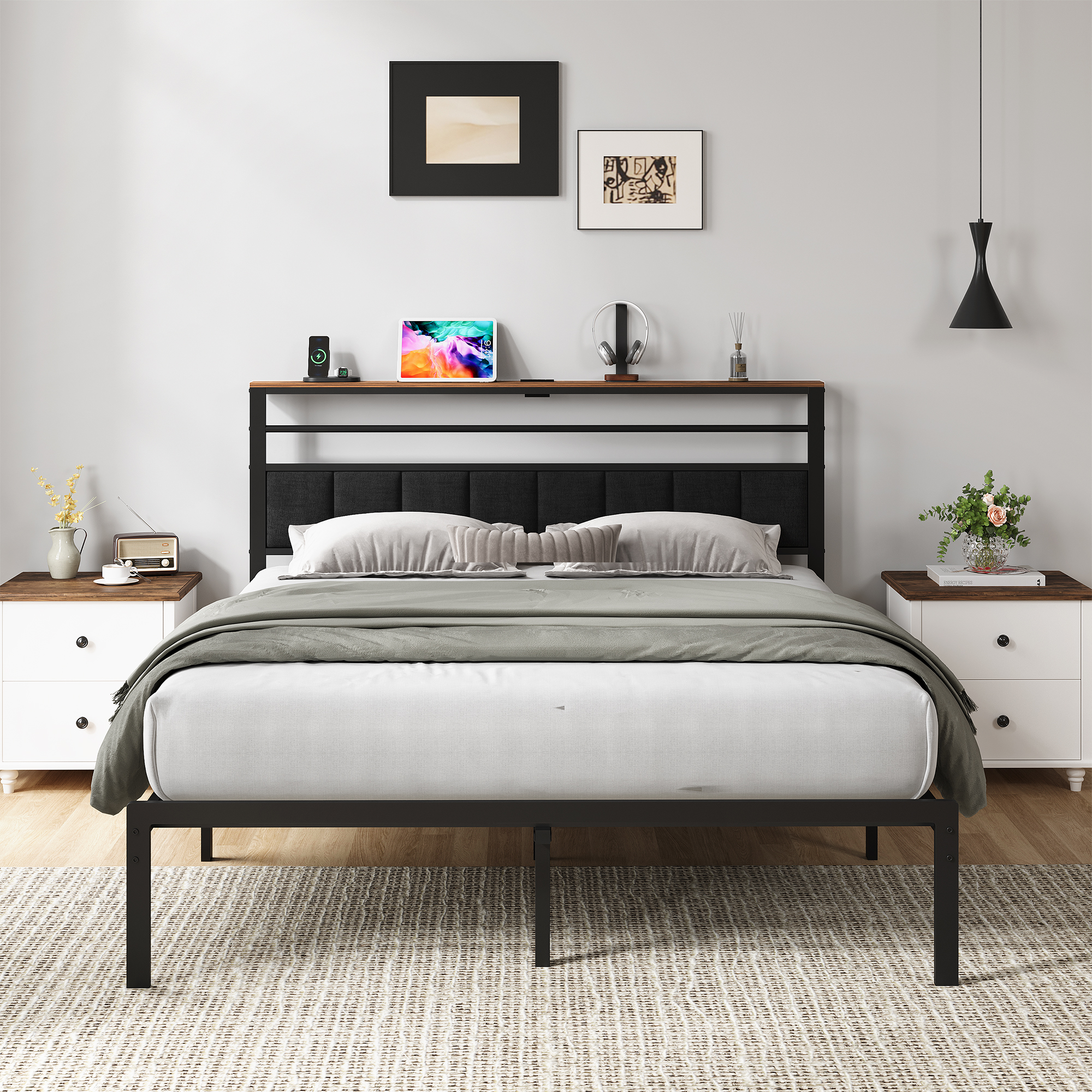 May in Color Queen Bed Frame with Upholstered Headboard, Metal Platform Bed with USB Charging Station, Easy Assembly, No Box Spring Needed