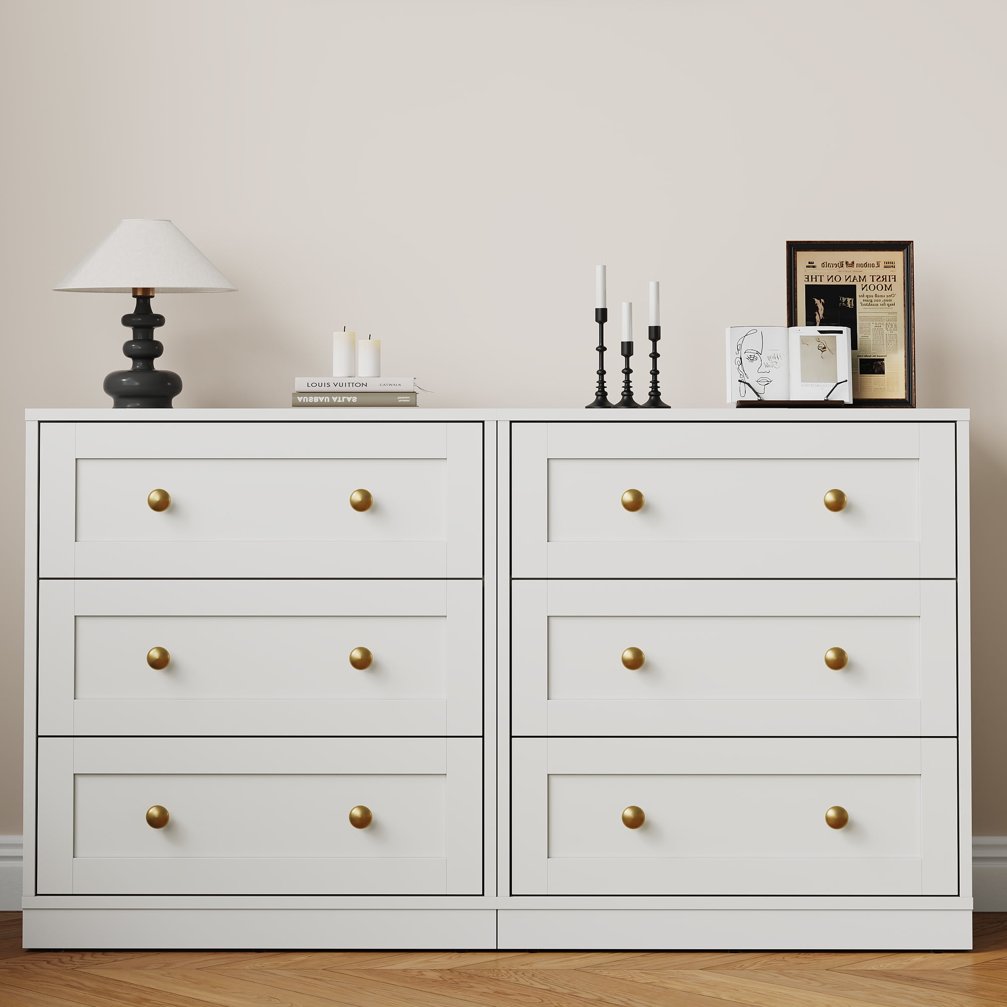 May in Color Set of 2 Nightstands, Modern 3-Drawer Bedside Tables with Gold Knobs, Wooden End Tables for Bedroom, Living Room, Hallway, or Closet