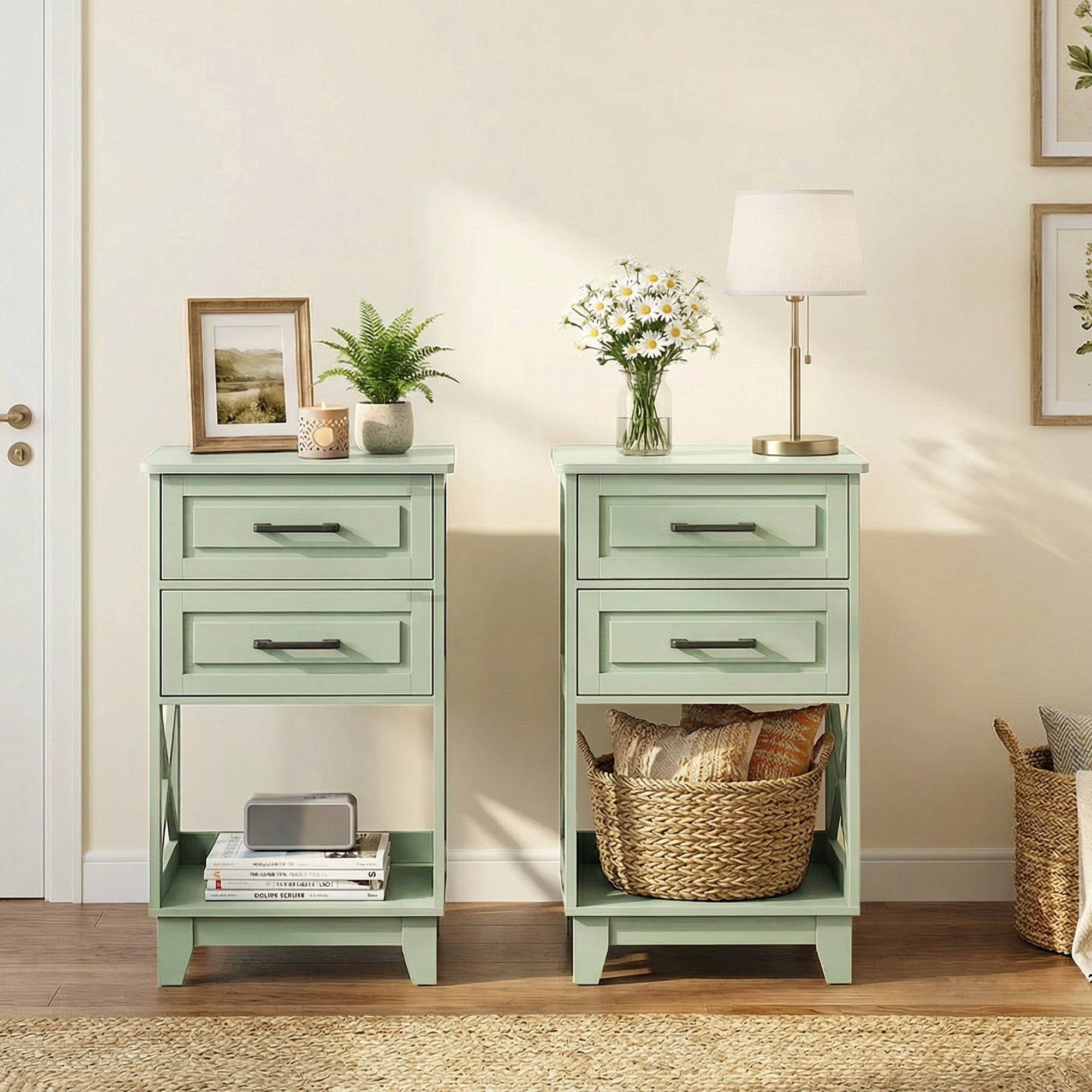 May in Color Tall Nightstand Set of 2 with 2 Drawers and Open Shelf ...