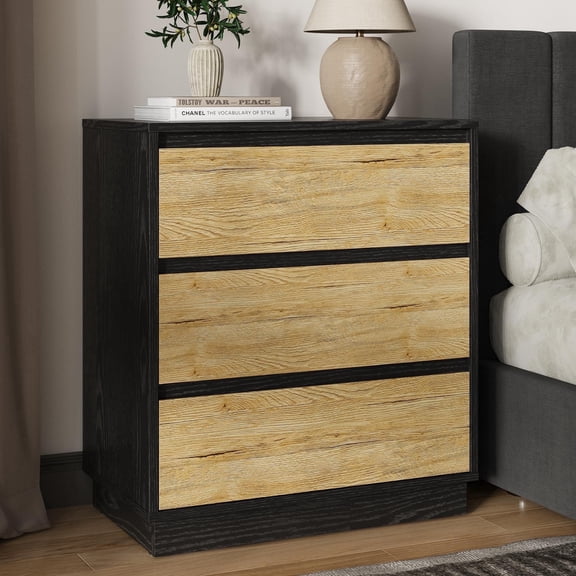 May in Color Wide Nightstand with 3 Drawers, Black Nightstand for Bedroom, Large End Table Bedside Table for Home and Office, Black and Wood