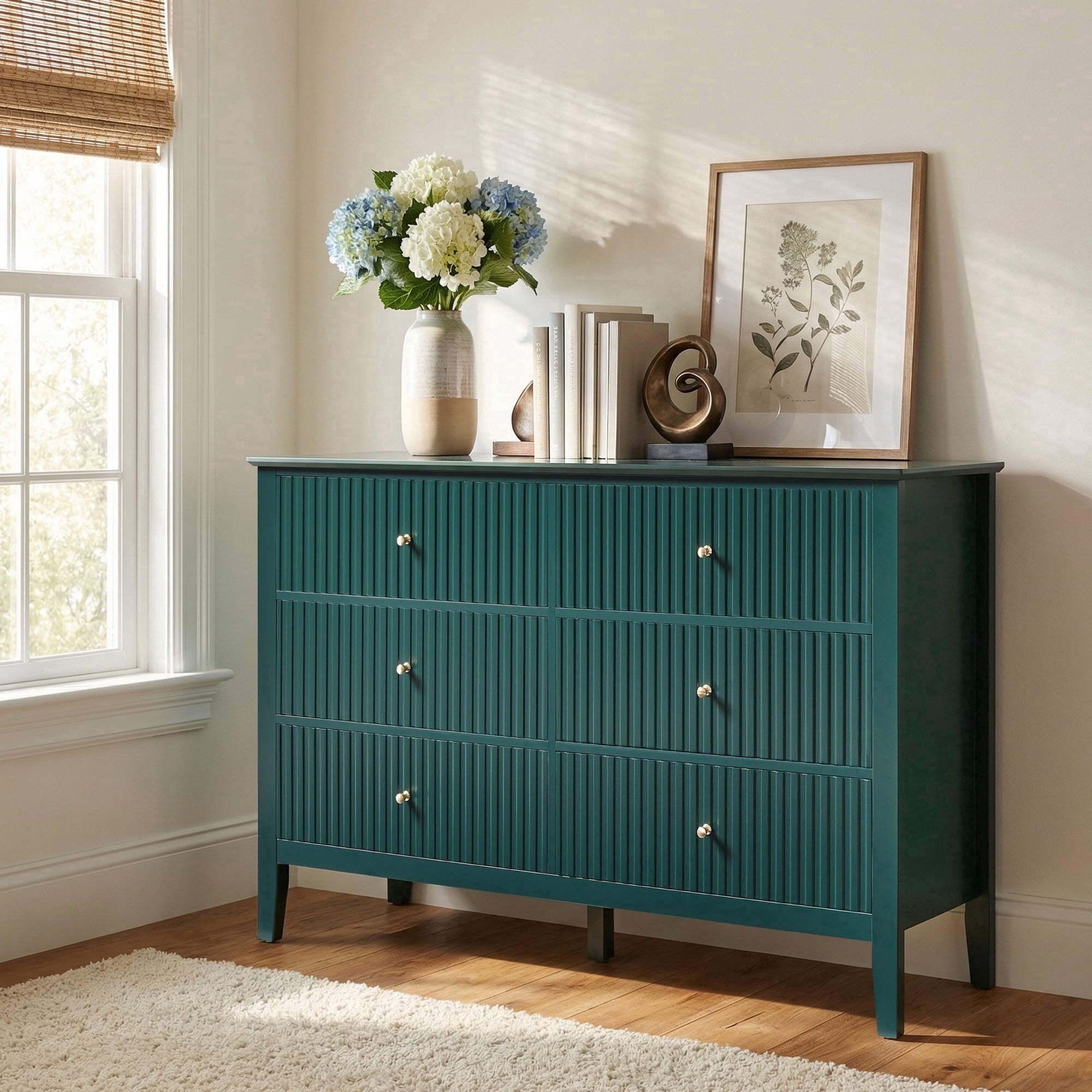May in Color Fluted 6 Drawer Dresser, Wide Modern Chest of Drawers, Large Wood Storage Cabinet Organizer for Bedroom, Living Room, Hallway, Entryway, Green