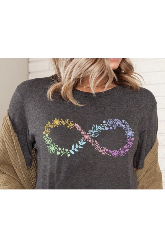 May include A dark gray tshirt with a rainbow floral infinity symbol design