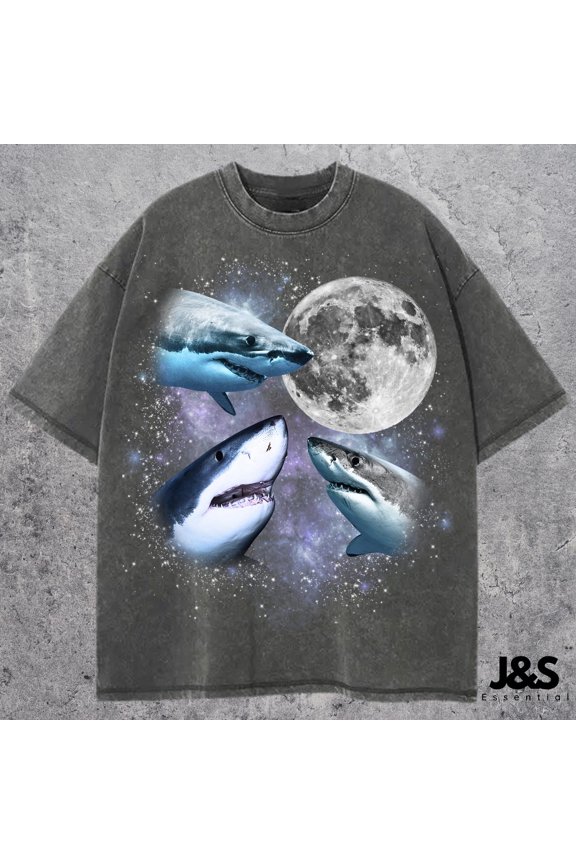 May include A gray tshirt with a graphic print of three white sharks and a full moon The s