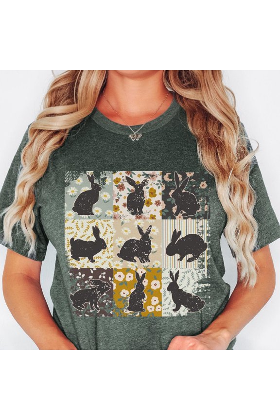 May include A heather forest green tshirt with a patchwork design featuring silhouettes of