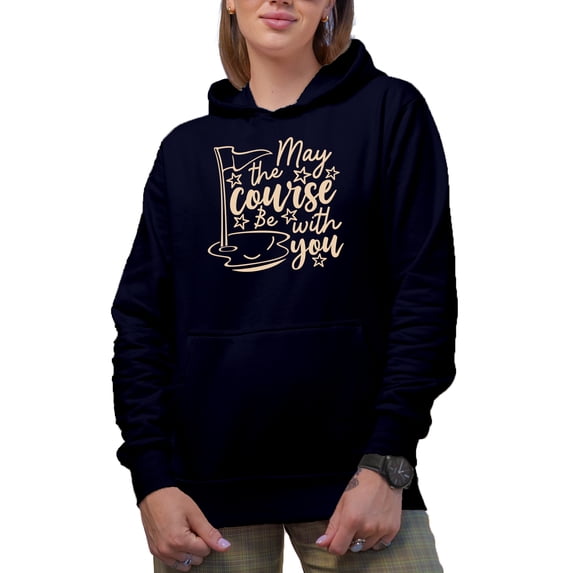 May the Course Be with You Pun Quote with Flag & Stars, Golf Player, Golfing or Golfer Themed Merch Gift, Navy Blue Hooded Sweatshirt or Hoodie, 3XL