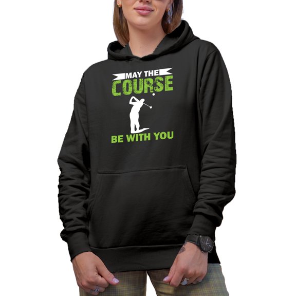 May the Course Be with You with a Swinging Golf Player, Golfing or Golfer Themed Merch Gift, Black Hooded Sweatshirt or Hoodie, Small