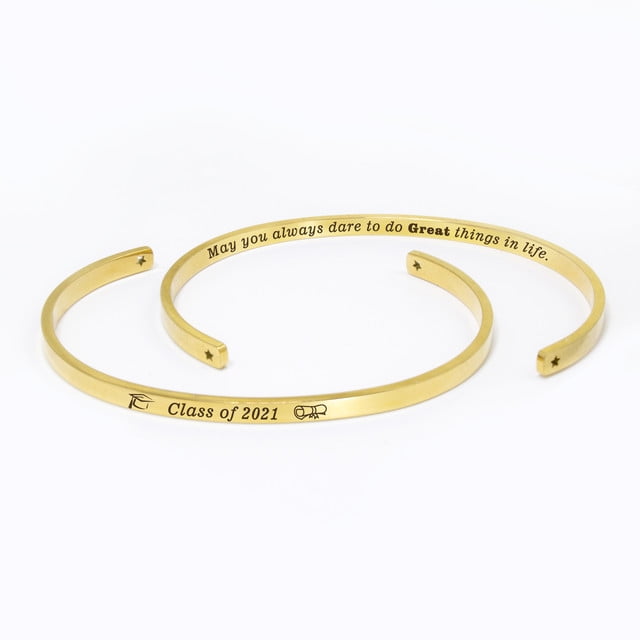 "May you always dare to…" Gold Stainless Steel Graduation Theme Hidden Message Gift for Her Cuff Bracelet with Gift Set