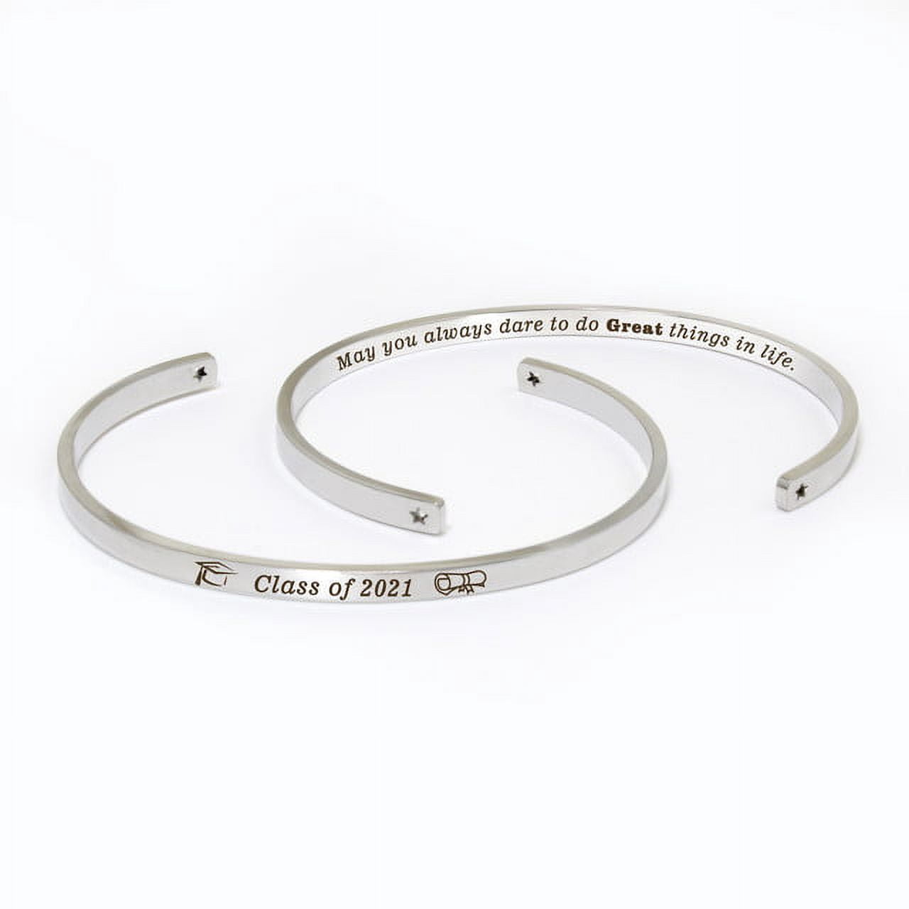 "May you always dare to…" Silver Stainless Steel Graduation Theme Hidden Message Gift for Her Cuff Bracelet with Gift Set