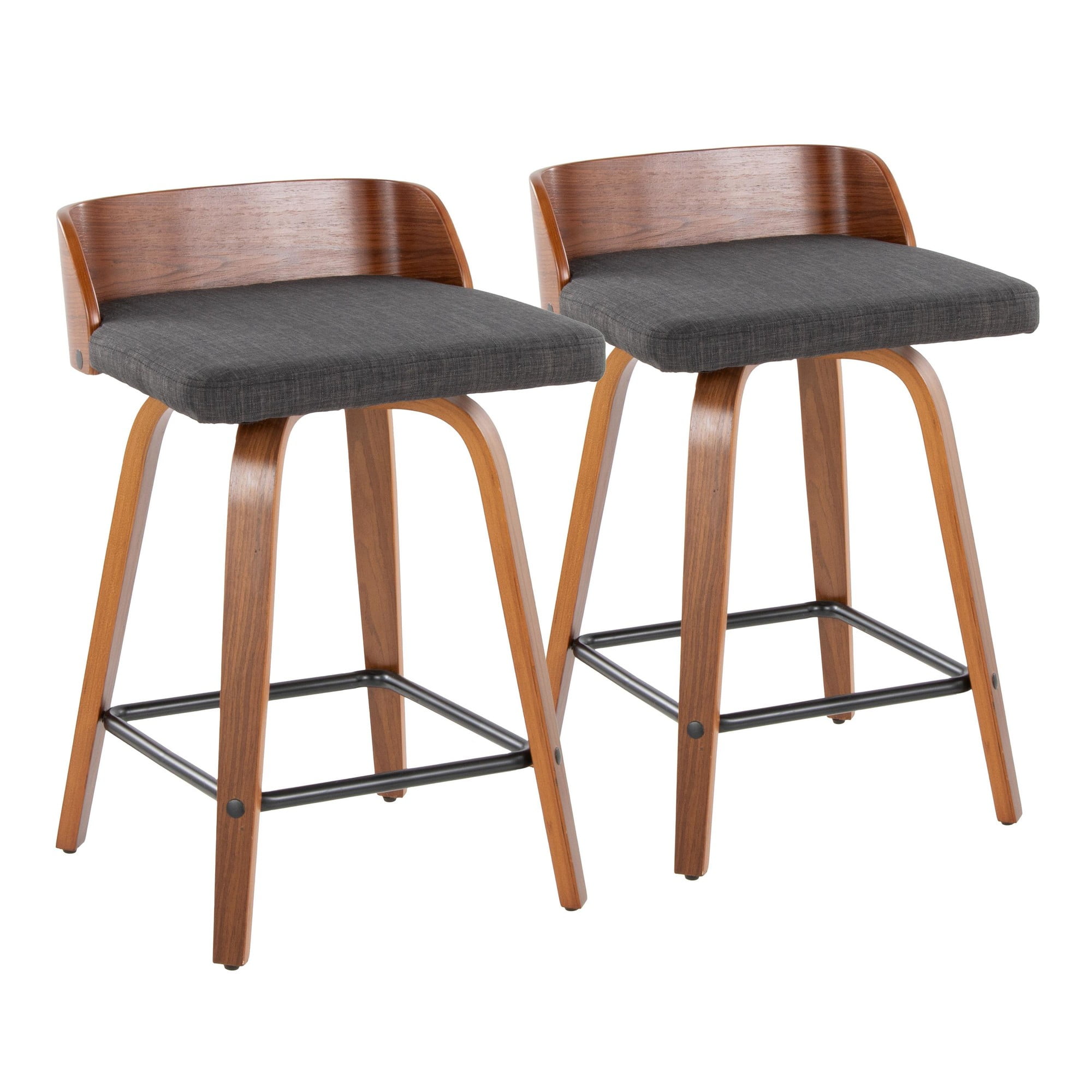 Dark Gray Swivel Counter Stool with Walnut Wood and Metal Frame