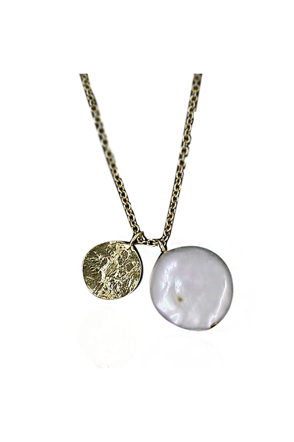 18k Gold Plated Pendant Necklace with Natural Pearl and Textured Disc Charm Adjustable Chain