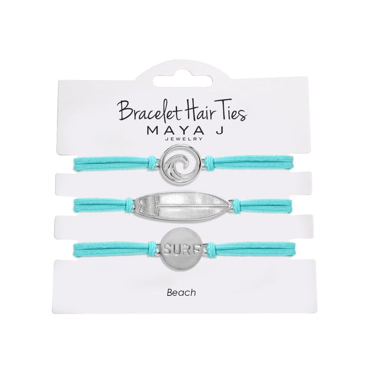 Maya J Beach Hair Tie, White Surf Set with Teal Elastic Tie