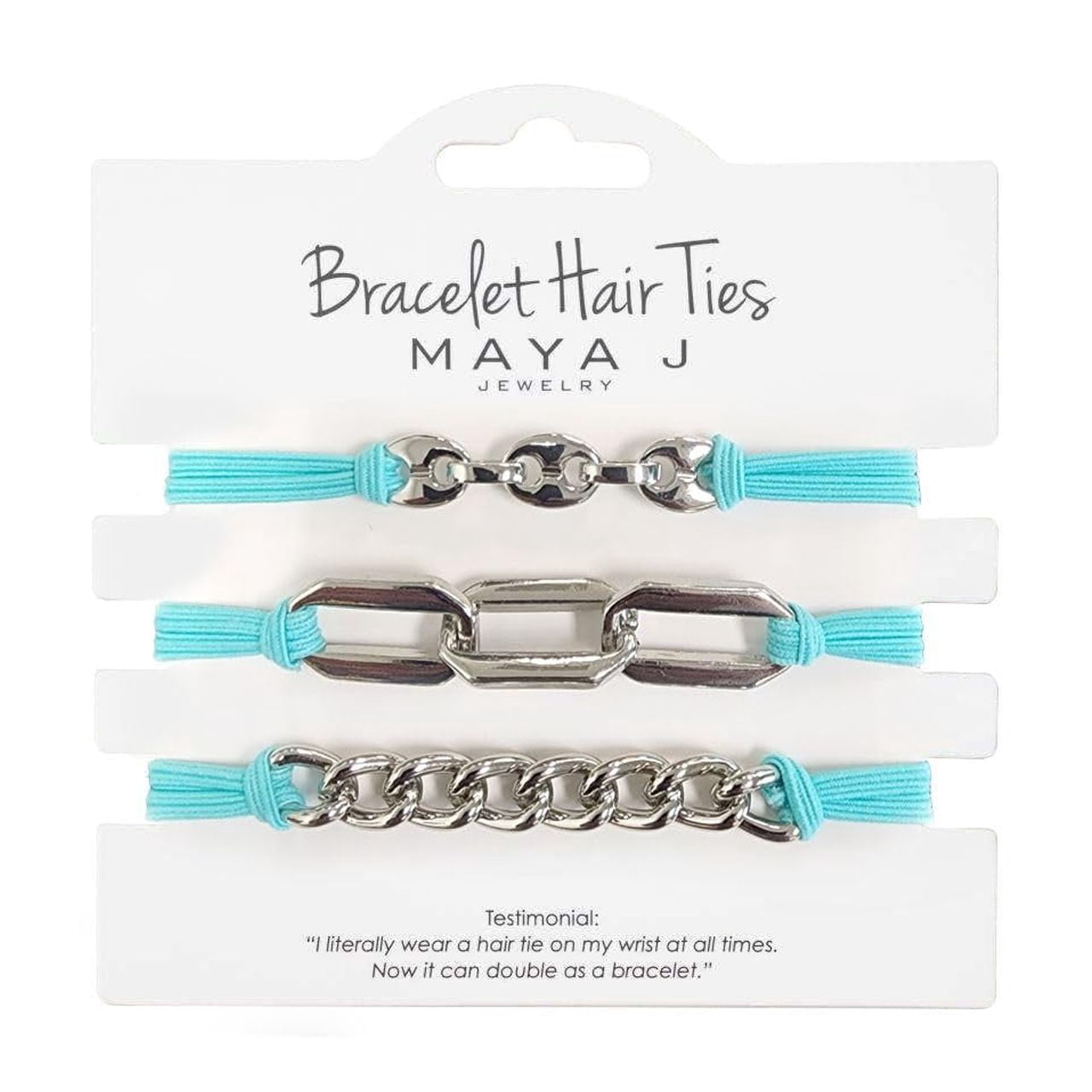 Maya J Bracelet Elastic Beach Hair Tie with White Mariner Chain, Teal, Set of 3