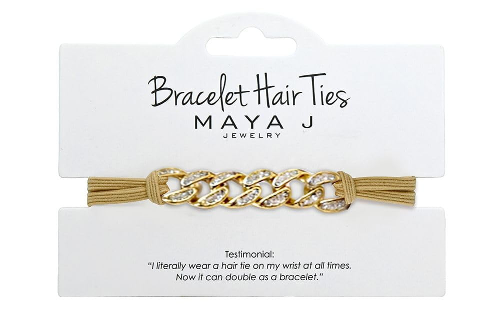 Maya J Bracelet Elastic Hair Tie with Yellow Cuban Link Crystal, Beige