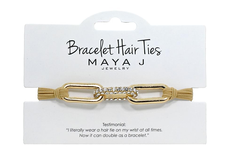 Maya J Bracelet Elastic Hair Tie with Yellow Large Paperclip Link Crystal, Beige