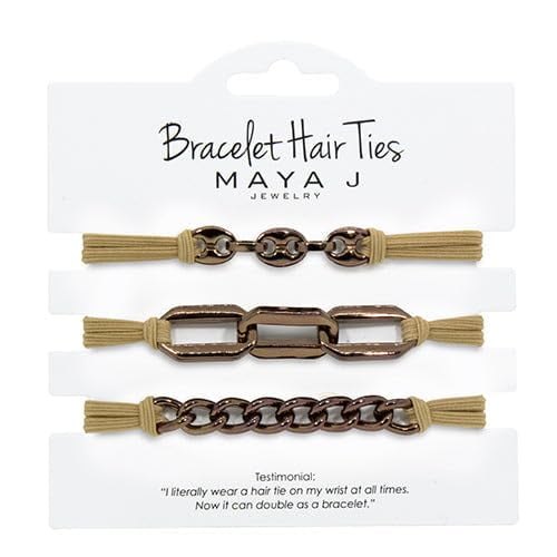 Maya J Bracelet Elastic Hair Ties with Chocolate Chain, Beige, Set of 3
