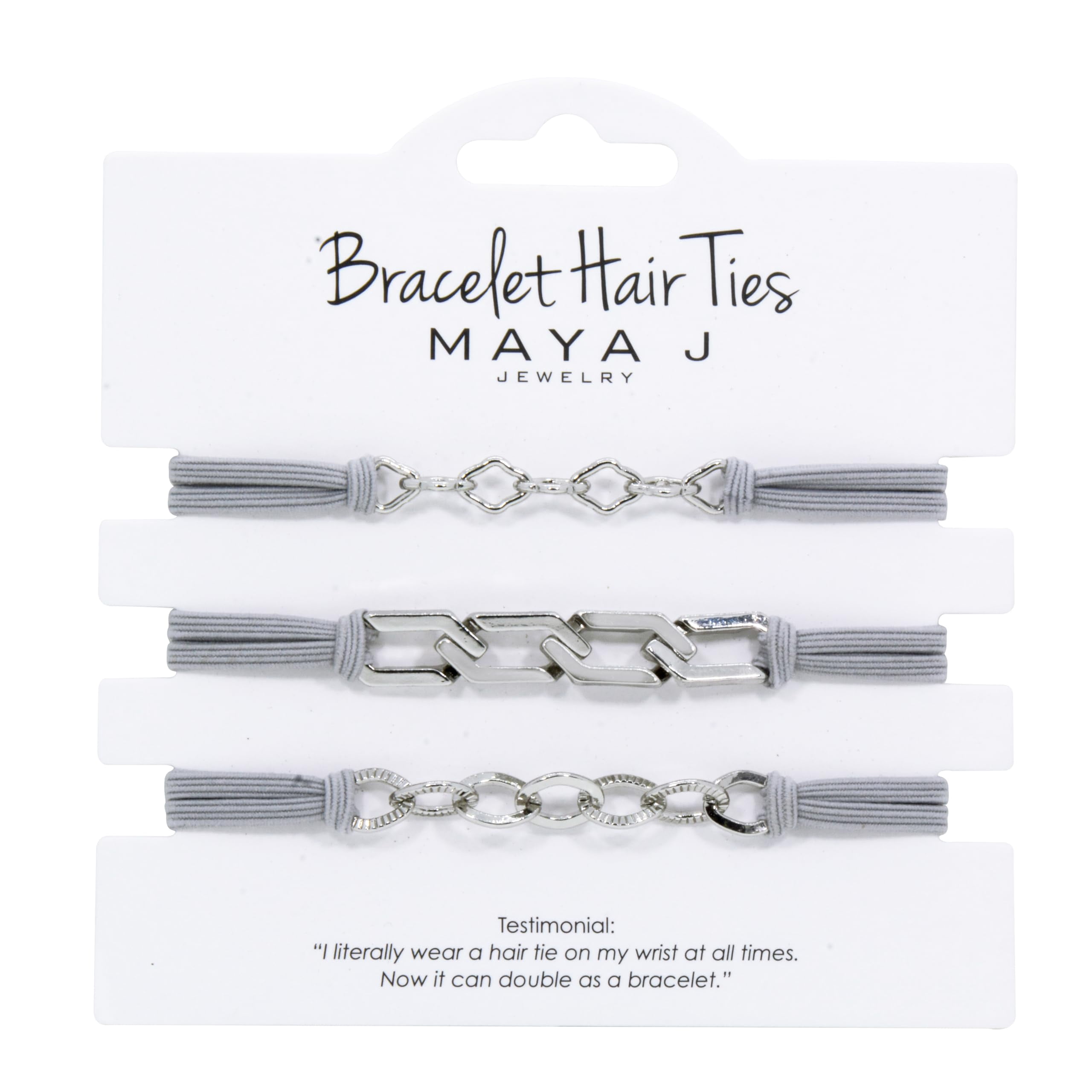 Maya J Gray Elastic Bracelet with White Hair Tie, 3 Pieces