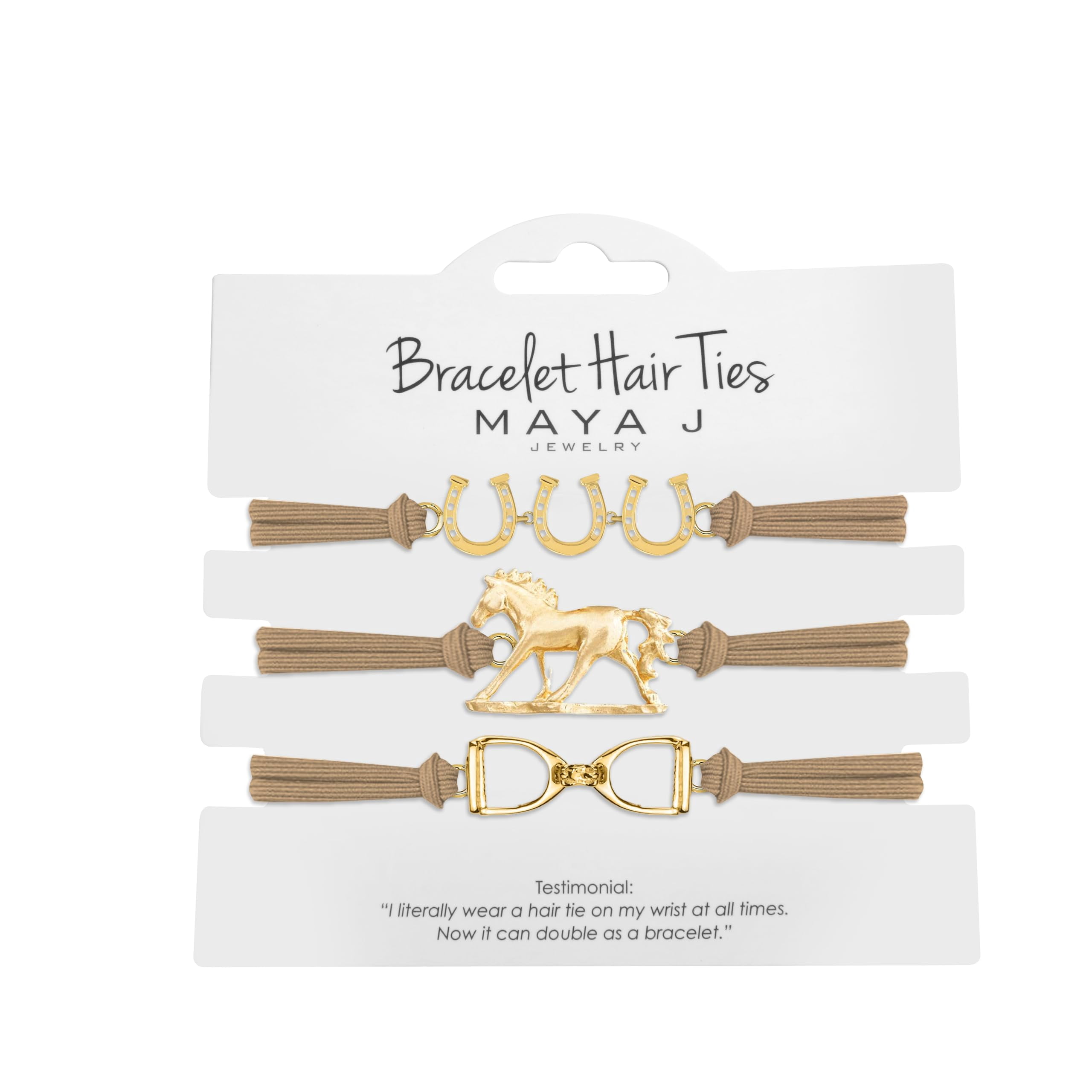 Maya J Western Bracelet Hair Tie with Yellow 3 Horseshoes-Horse-Stirrup with Beige Elastics, Set of 3