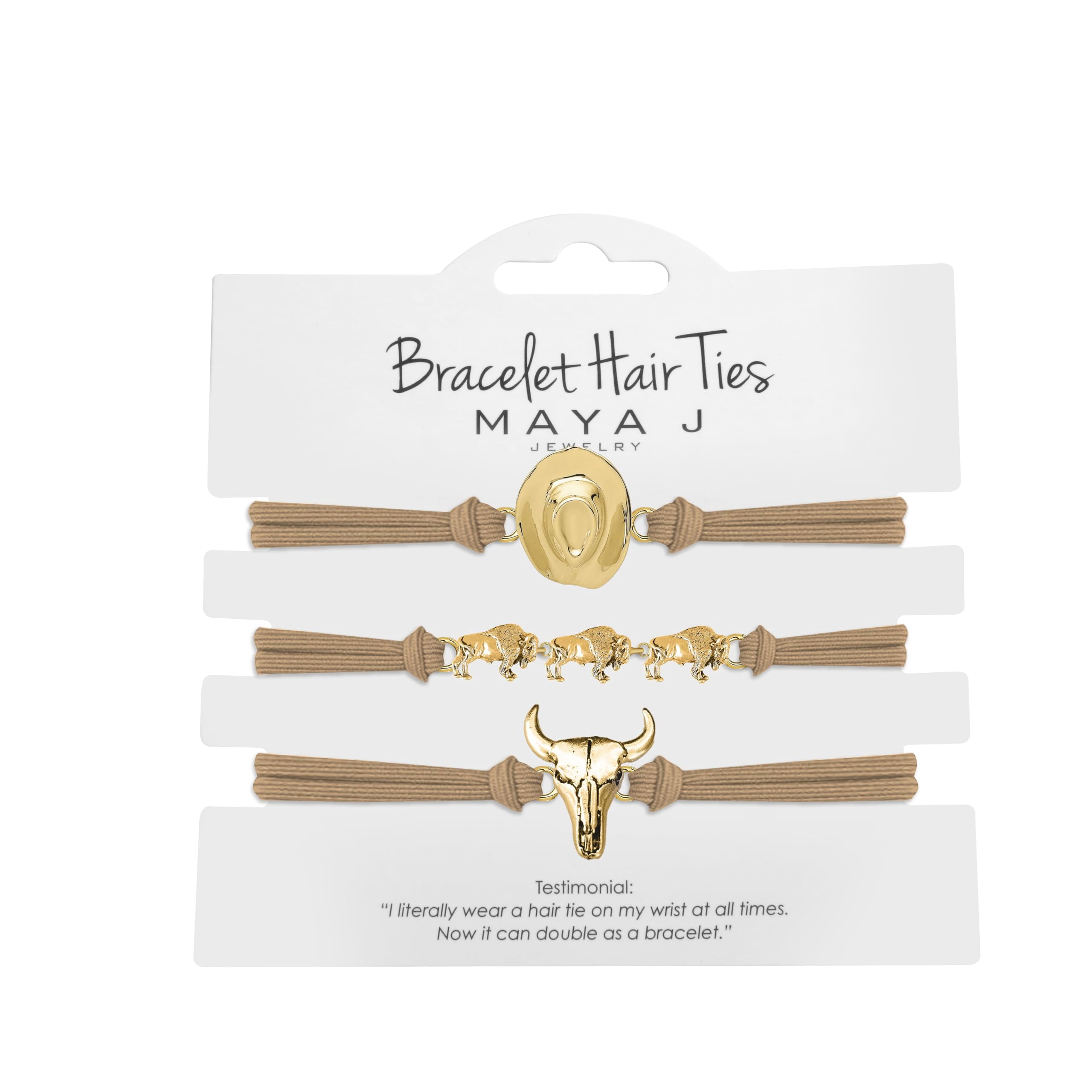 Maya J Western Bracelet Hair Tie with Yellow Hat-3 Buffalo-Skull with Beige Elastics, Set of 3
