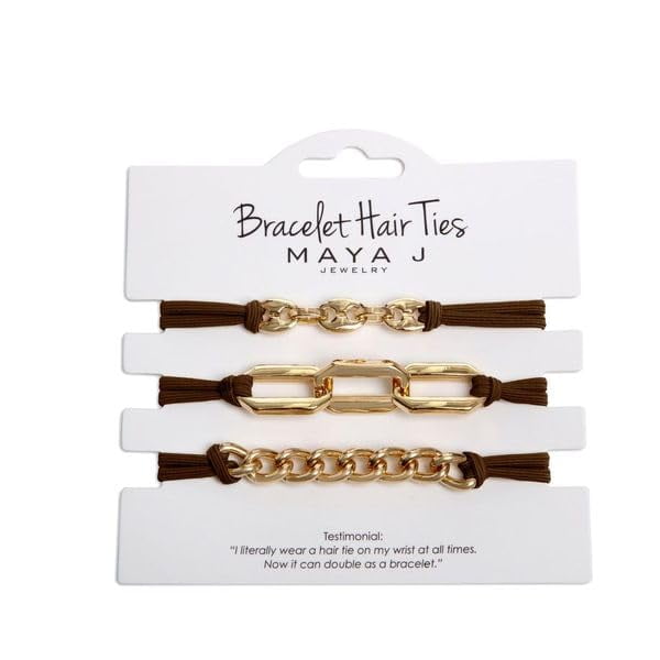 Maya J Western Bracelet Hair Tie with Yellow Mini Mariner- Large Retangle Link-Twist Link with Brown Elastics, Set of 3