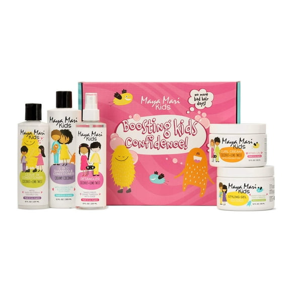Maya Mari Kids All-in-One Essential Hair Set | 2 in 1 Kids Shampoo and Conditioner, Curl Cream, Leave-in Conditioner, Hair Gel, Detangler Spray - 5 Piece Set Haircare