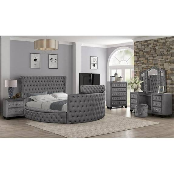 Maya Modern Style 5 Pc King Vanity Bedroom Set made with Wood in Gray