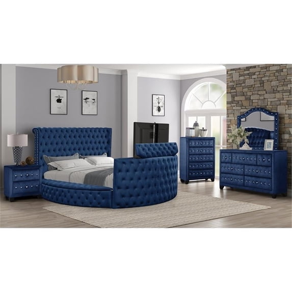 Maya Modern Style 5 Pc Queen Bedroom Set made with Wood in Navy
